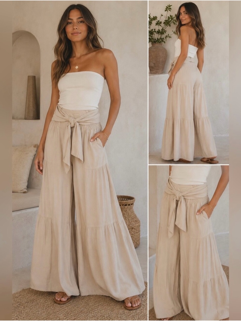 Sincerely Jules Beige Tie-Waist Wide Leg Pants